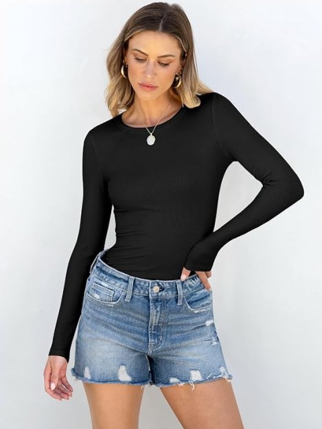 ANRABESS Women Long Sleeve Crewneck Rib Knit Slim Fit Shirts Basic Tee Tops 2025 Casual T-Shirt Going Out Workout Outfits