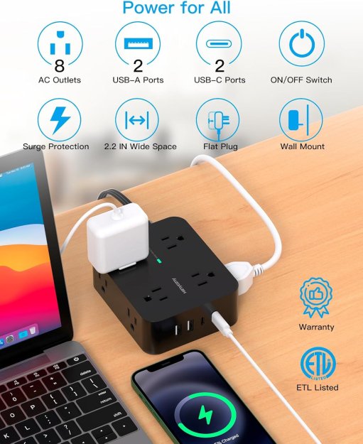 Power Strip Surge Protector, 5Ft Ultra Thin Flat Plug Extension Cord with Multiple Outlets, 8 Widely Outlet Extender with 4 USB Ports(2 USB C), 1080J Wall Mount for College Dorm Room Essentials Black