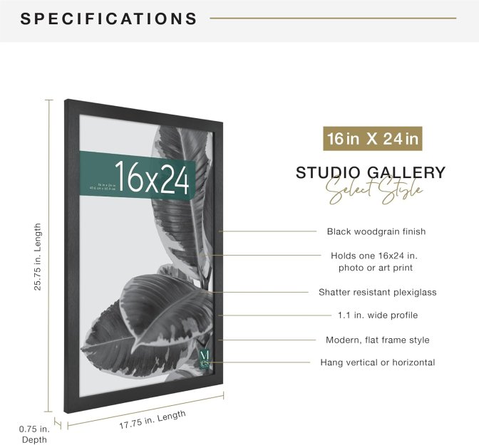 MCS Studio Gallery 16x24 Poster Frame Black Woodgrain, Vertical & Horizontal Wall Hanging Large Picture Frame for Photos, Posters & Art Prints (1-Pack)