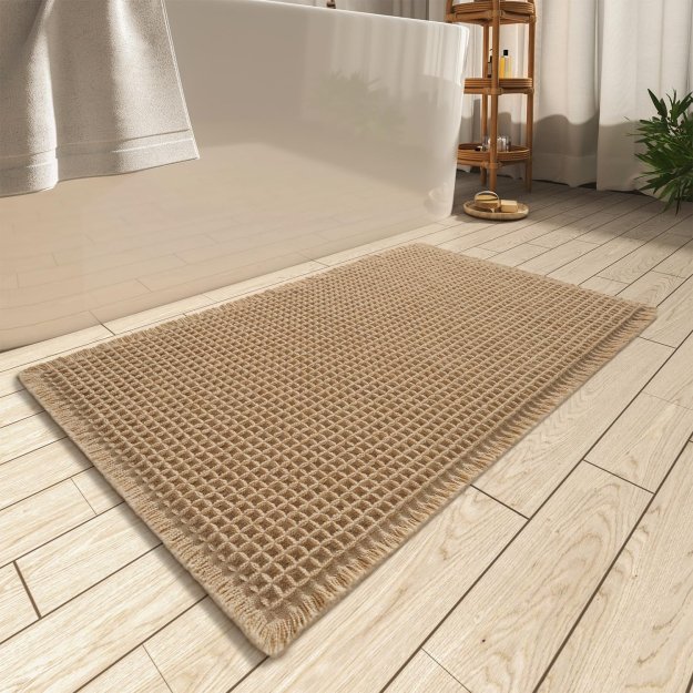 AMOAMI Upgraded Waffle Bath Mat, Super Absorbent Non Slip Bath Mats for Bathroom Floor, Machine Washable Bathroom Rugs with Tassels, Rubber Backed Bathroom Mats, Ultra Soft, 17