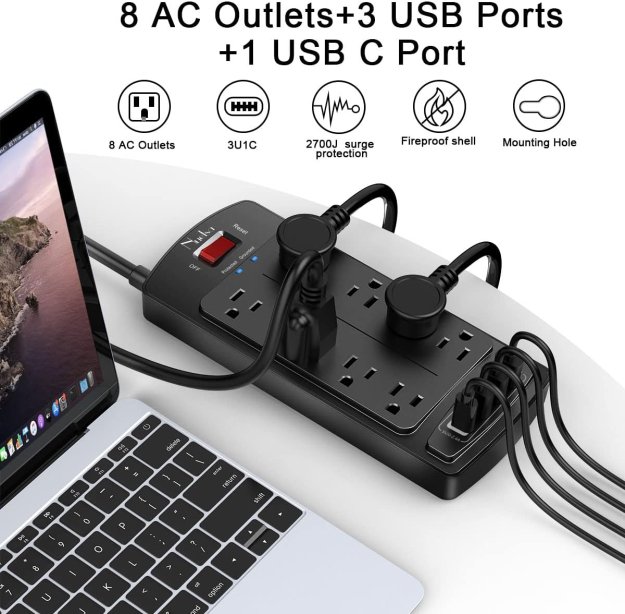 Surge Protector Power Strip - Nuetsa Flat Plug Extension Cord with 8 Outlets and 4 USB Ports, 6 Feet Power Cord (1625W/13A), 2700 Joules, ETL Listed, Black