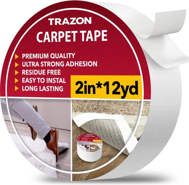 Carpet Tape Double Sided - Rug Tape Grippers for Hardwood Floors and Area Rugs - Carpet Binding Tape Strong Adhesive and Removable, Heavy Duty Stickers Grip Tape, Residue Free (2 Inch / 12 Yards)