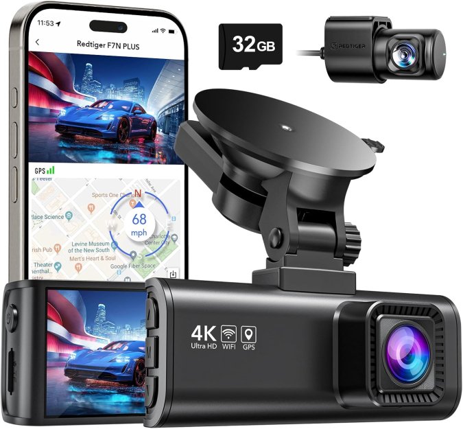 REDTIGER Dash Cam Front Rear, 4K/2.5K Full HD Dash Camera for Cars, Included 32GB Card, Built-in Wi-Fi GPS, 3.16” IPS Screen, Night Vision, 170°Wide Angle, WDR, 24H Parking Mode(F7NP)