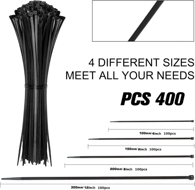 Cable Zip Ties,400 Pack Black Assorted Sizes 12+8+6+4 Inch,Multi-Purpose Self-Locking Nylon Cable Cord Management ,Plastic Wire Ties for Home,Office,Garden,Workshop. By HAVE ME TD