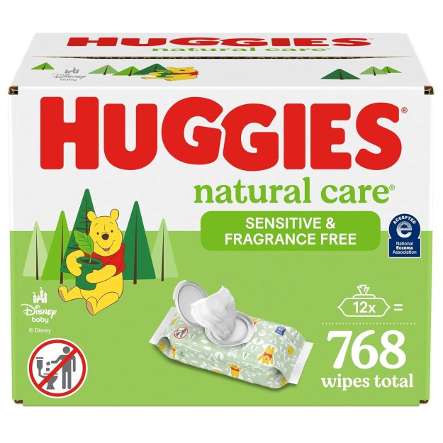 Huggies Natural Care Sensitive Baby Wipes, Unscented, Hypoallergenic, 99% Purified Water, 12 Flip-Top Packs (768 Wipes Total), Packaging May Vary