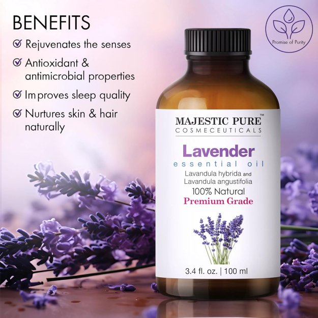 Majestic Pure Lavender Essential Oil with Glass Dropper | 100% Pure and Natural Lavender Oil | Premium Grade Essential Oils for Diffusers, Skin, Aromatherapy, Massage | 4 Fl Oz