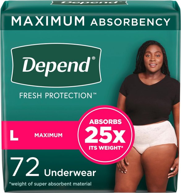 Depend Fresh Protection Adult Incontinence & Postpartum Bladder Leak Underwear for Women, Disposable, Maximum, Large, Blush, 72 Count (2 Packs of 36), Packaging May Vary