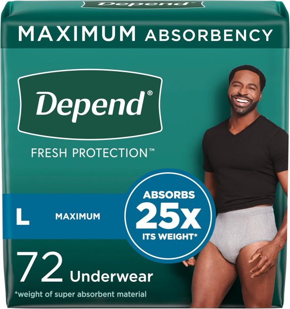 Depend Fresh Protection Adult Incontinence Underwear for Men, Disposable, Maximum, Large, Grey, 72 Count (2 Packs of 36), Packaging May Vary