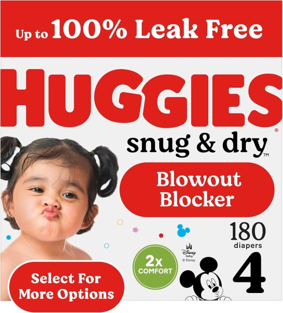 Huggies Size 4 Diapers, Snug & Dry Baby Diapers, Size 4 (22-37 lbs), 180 Count (6 Packs of 30), Packaging May Vary