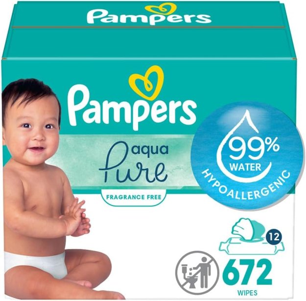 Pampers Baby Wipes Aqua Pure, 99% water-based wipes, Hypoallergenic and Unscented Baby Wipes, 672 Wipes Total (12 Flip-Top Packs)