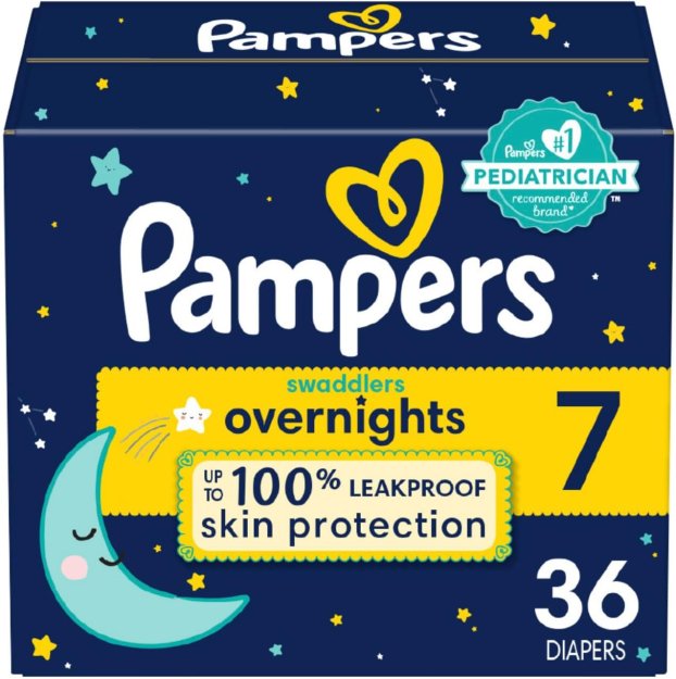 Pampers Overnight Diapers - Swaddlers Overnights - Size 7, 36 Count, Disposable Baby Diaper, Night Time Leak and Skin Protection