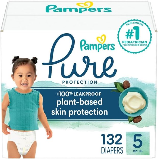 Pampers Baby Diapers - Pure Protection - Size 5, 132 Count, for up to 100% Leakproof, Premium Plant-based Skin Protection