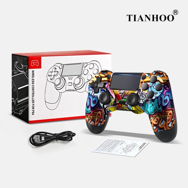 TIANHOO PS4 Controller, Wireless PS4 Controller for PS4/Pro/Slim, with Vibration Feedback, Motion Sensing, Touchpad, Light Bar, Share, Speaker, 3.5mm Headphone Jack (Graffiti)