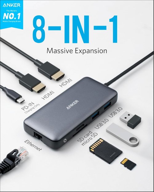 Anker USB C Docking Station, 8-in-1 USB-C Hub, Dual 4K HDMI USB C to USB Adapter, 1 Gbps Ethernet USB Hub, 100W Power Delivery, SD Card Reader for MacBook Pro, XPS and More