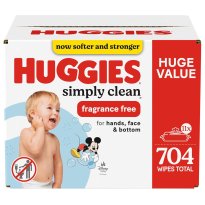 Huggies Simply Clean Unscented Baby Diaper Wipes, 11 Flip-Top Packs (704 Wipes Total), Packaging May Vary