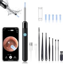 Ear Wax Removal - Earwax Remover Tool with 8 Pcs Ear Set - Ear Cleaner with Camera - Earwax Removal Kit with Light - Ear Camera with 6 Ear Spoon - Ear Cleaner for iOS & Android (Black)